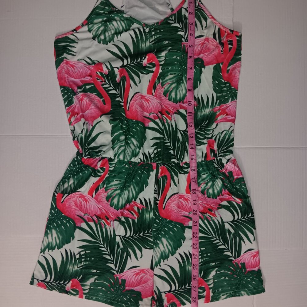 WOMEN'S FLAMINGOS TROPICAL LEAVES POCKET ROMPER - Picture 4 of 12